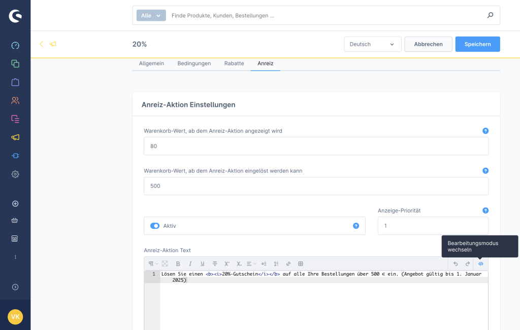 Shopware-Administration-Seite, auf der 20%-Anreiz-Aktion mit mehreren Konfigurationen und Anreiz-Aktion Text angezeigt wird.