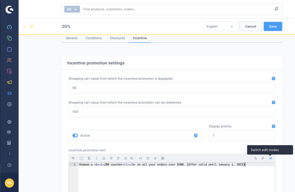 Shopware administration page showing 20% ​​incentive promotion with multiple configurations and incentive promotion text.
