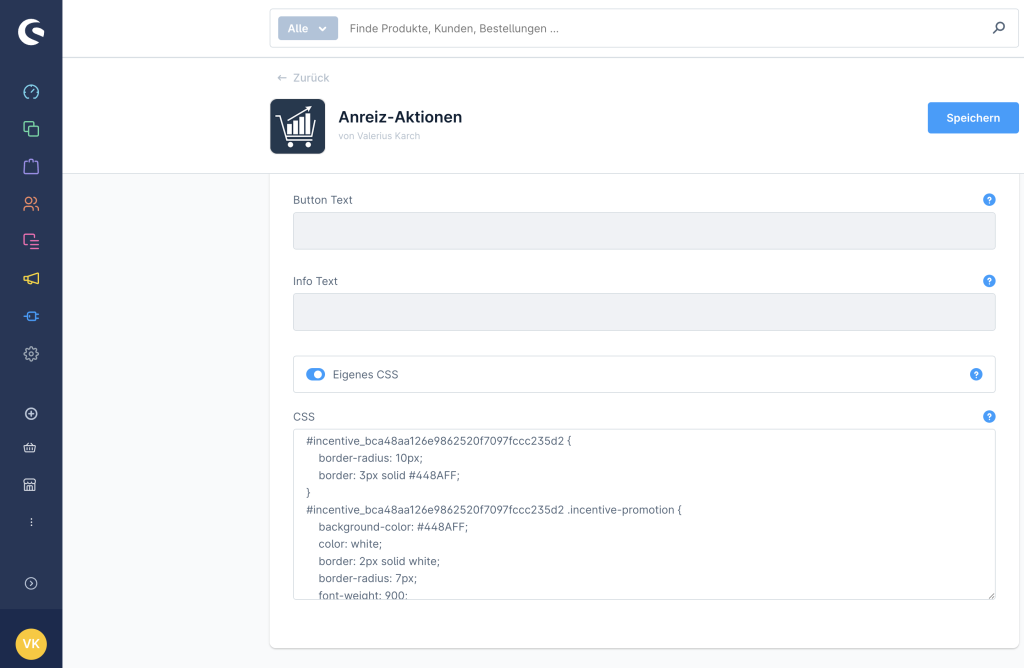 Konfigurationsseite für die Anreiz-Aktionen-Erweiterung im Shopware 6 Shop, auf der CSS konfiguriert wird.