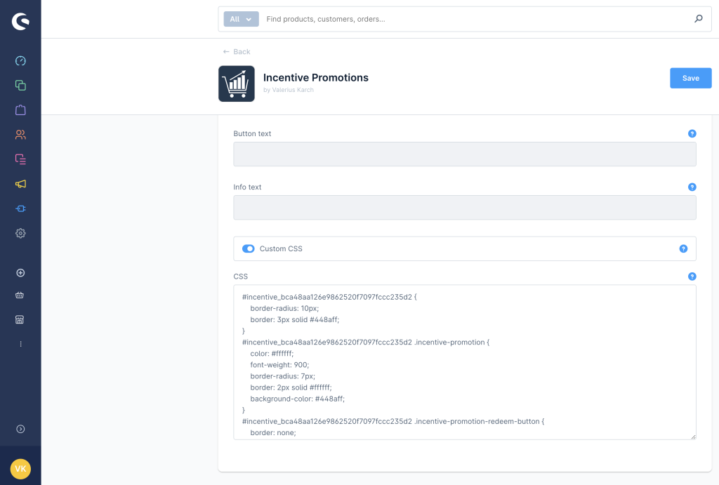 Configuration page for the incentive promotion extension in the Shopware 6 shop, where CSS is configured.